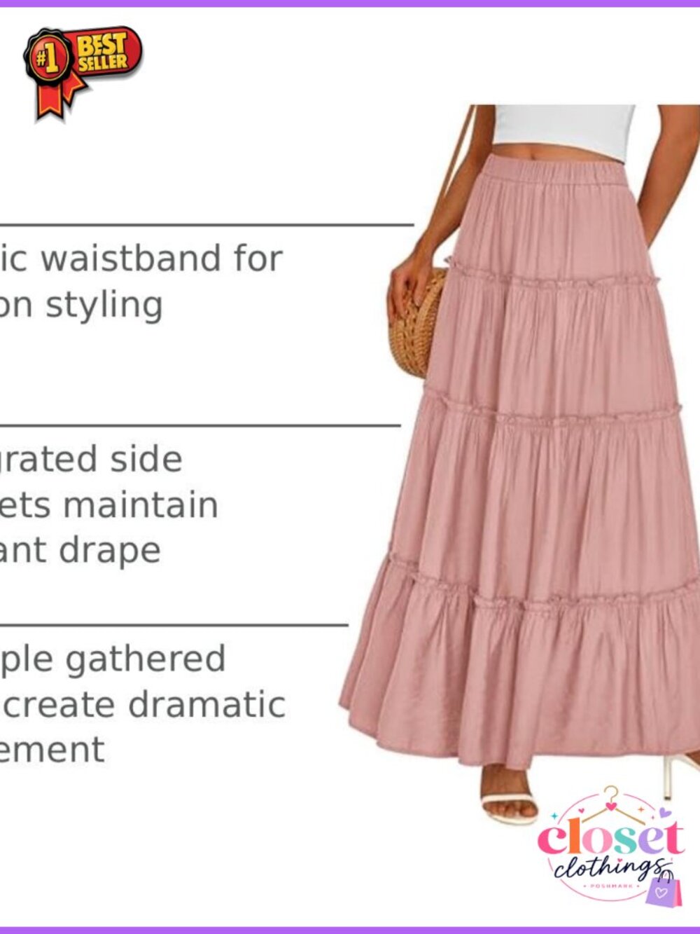 Women's Boho Tiered Ruffle Flowy Maxi Skirt with Pockets - Picture 3 of 6